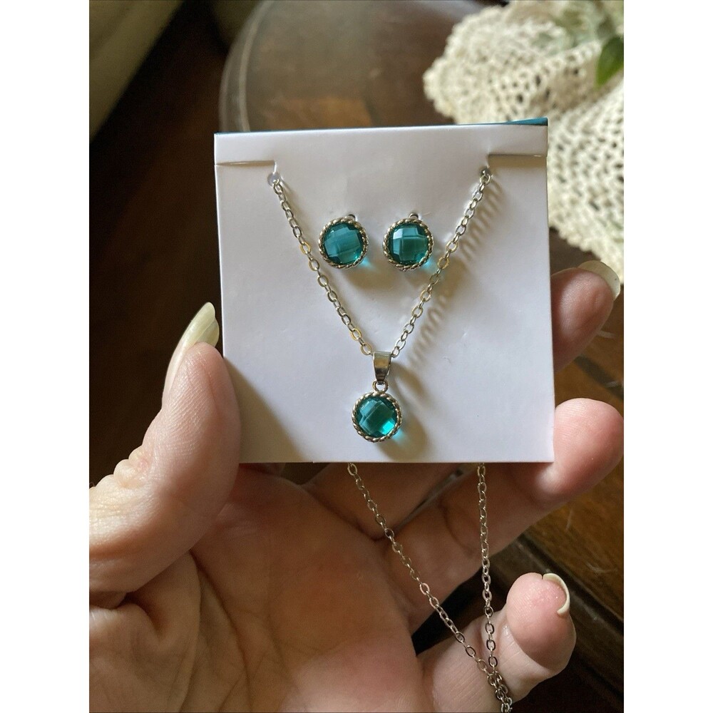 EFFY round Aqua fashion JEWELRY SET stud EARRINGS and NECKLACE w/ PENDANT